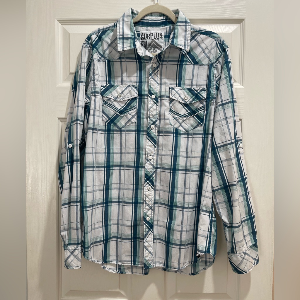 Mens Surplus Brand Teal And White Plaid Casual Shirt